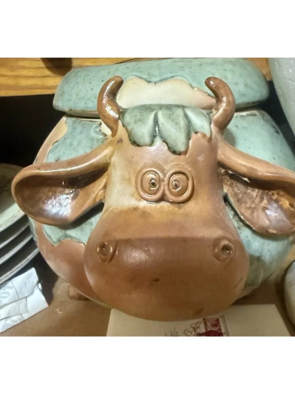 Adorable Cow Bull Green Glaze Pottery Planter